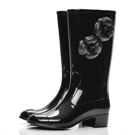 chanel black rubber camellia rain boots